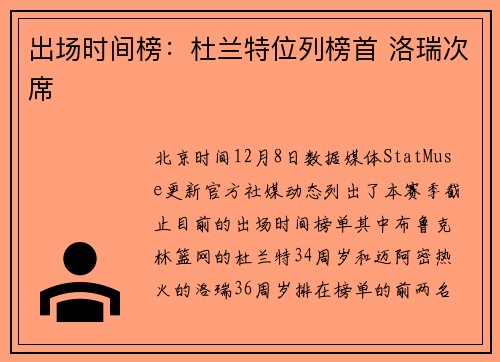 出场时间榜：杜兰特位列榜首 洛瑞次席